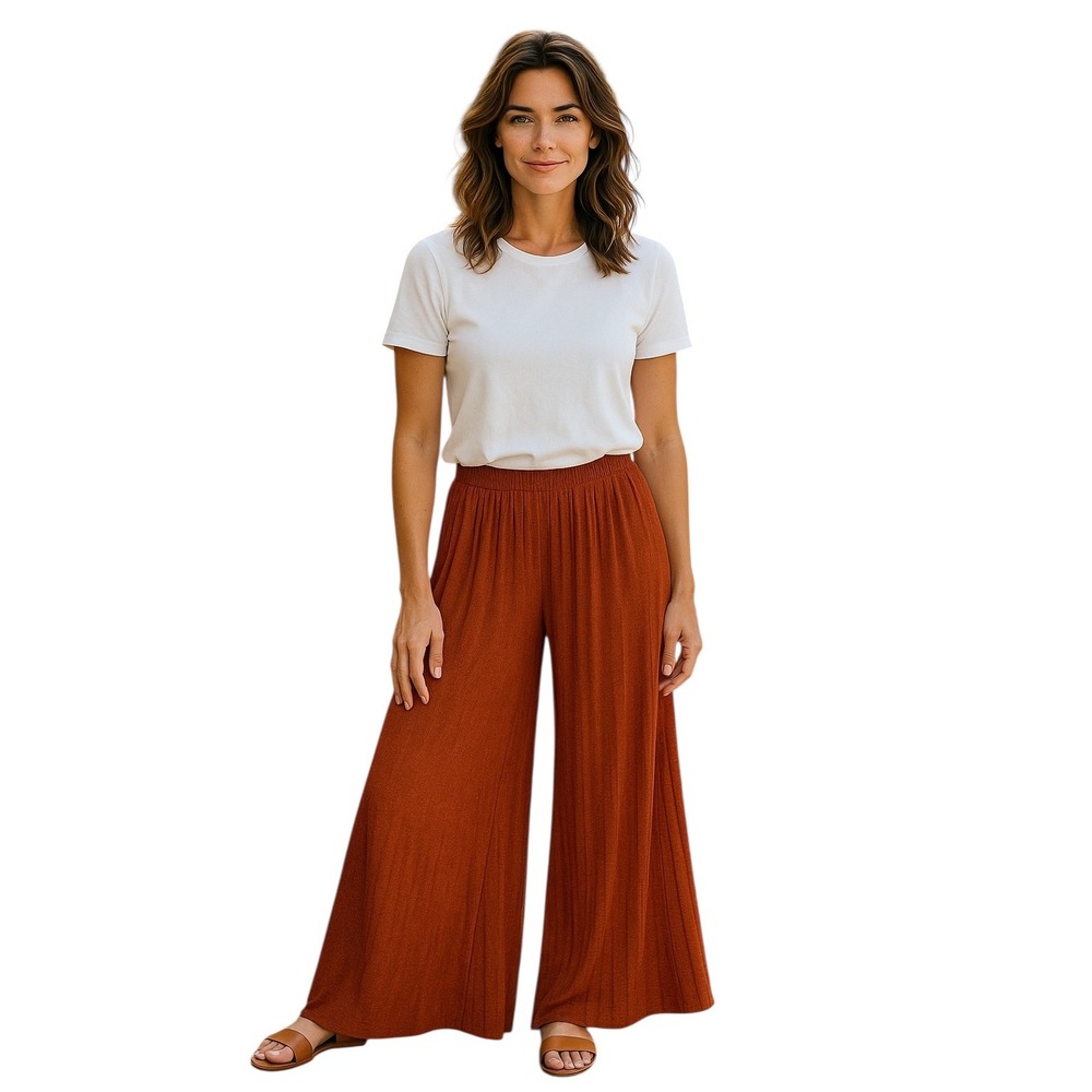 Blanc Wide Leg Pants Women Medium Burnt Orange Palazzo Trousers Flowy Stretchy